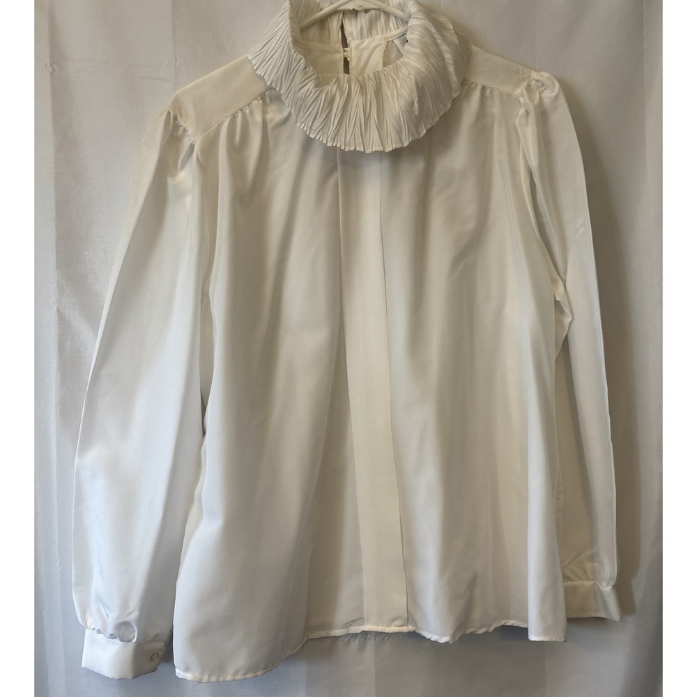 Vtg Joanna Sheer White Pleated Crinkle Mock Neck L Sleeve Blouse Center Pleat 16